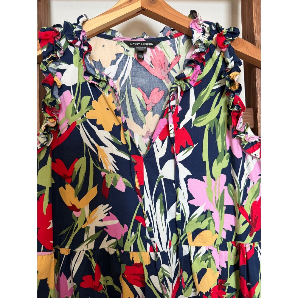 Maggy London | Ruffle Details Stretch Cotton Trapeze Dress | size 6 - Picture 4 of 6